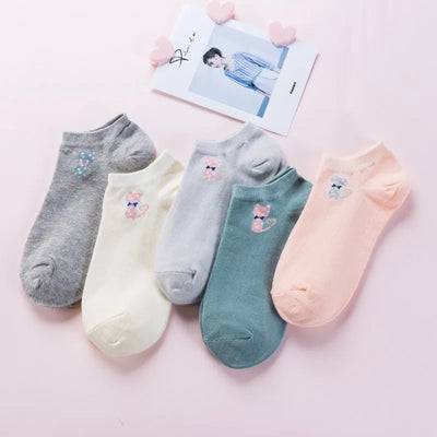 5 Pairs Women Cute Cat Socks Short Ankle Socks Cartoon Animal Kitten