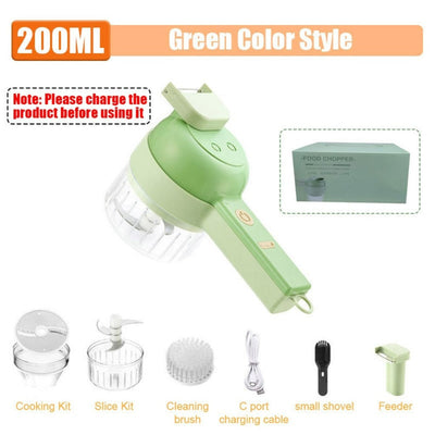 Portable Handheld 4 in 1 Electric Vegetable Slicer in green color with various attachments and user guide.