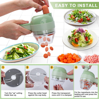 Portable Handheld 4 in 1 Electric Vegetable Slicer in use for chopping vegetables and preparing salads.