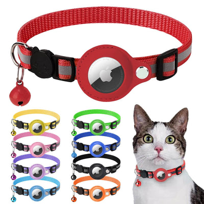 Reflective Airtag Case Collar for Cats and Dogs in multiple colors with a cat model wearing one.