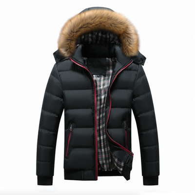 Mens Two Tone Puffer Jacket with Removable Hood in black with faux fur collar, featuring a checked lining.