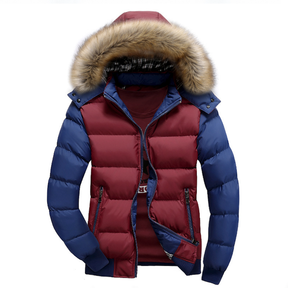 Mens Two Tone Puffer Jacket with Removable Hood in red and navy with faux fur collar