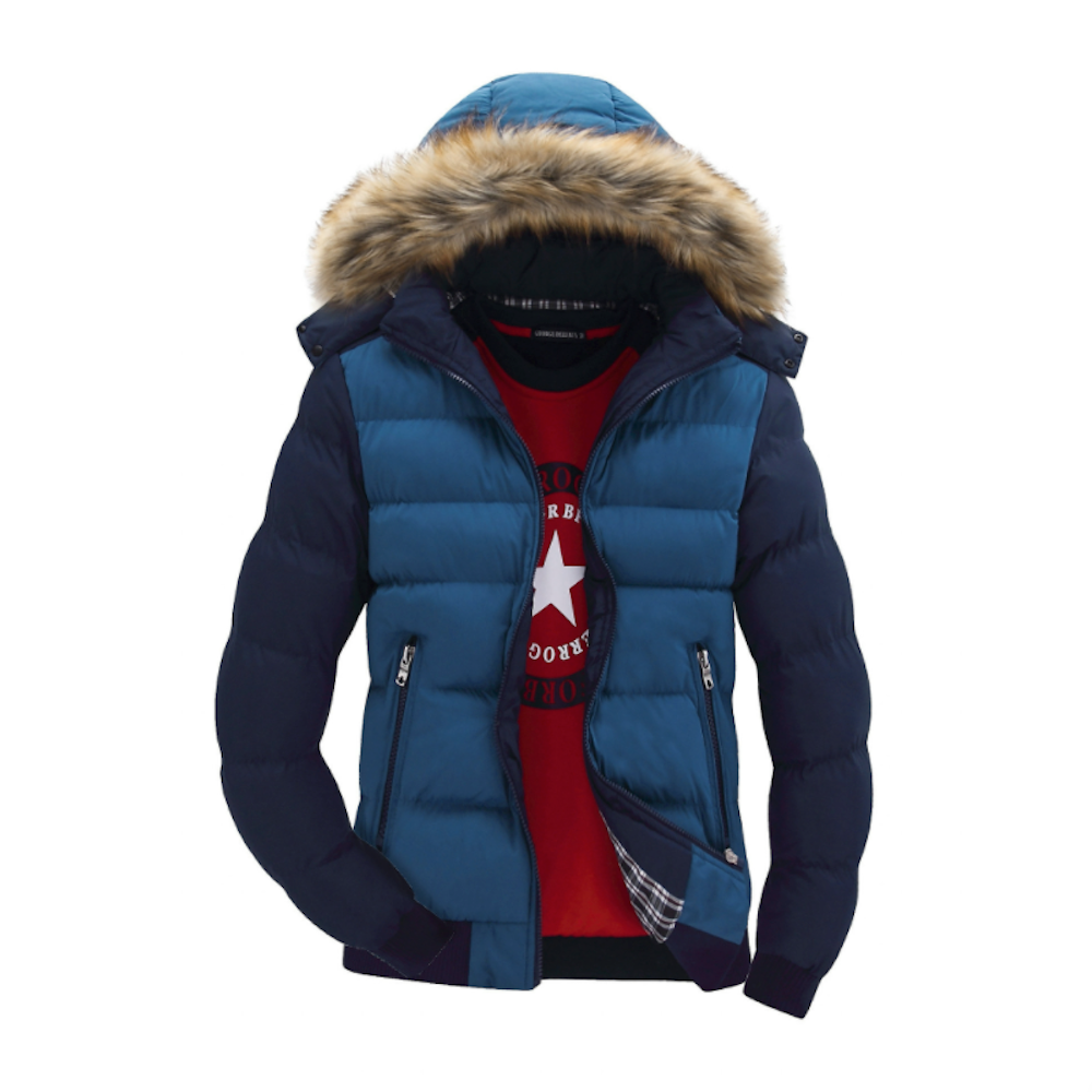 Mens Two Tone Puffer Jacket with Removable Hood in blue and navy with faux fur collar