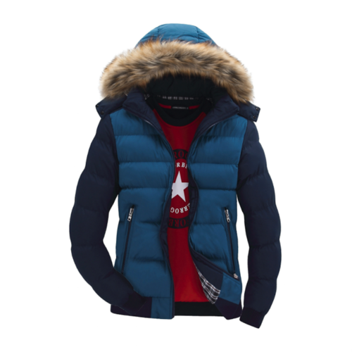 Mens Two Tone Puffer Jacket with Removable Hood in blue and navy with faux fur collar
