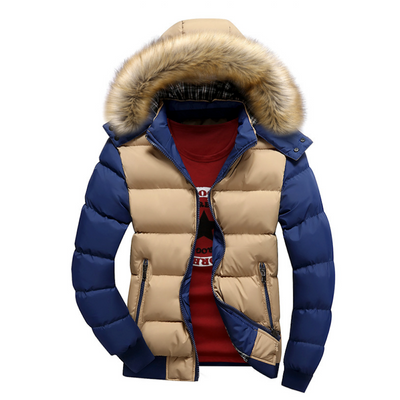 Mens Two Tone Puffer Jacket with Removable Hood in blue and beige featuring faux fur collar and zipper closure.