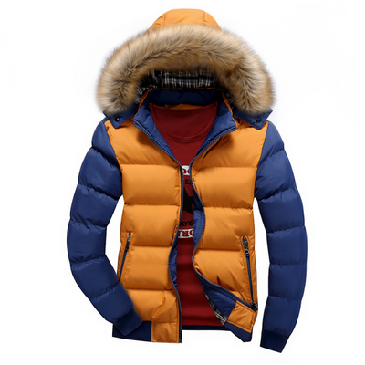 Mens Two Tone Puffer Jacket with Removable Hood in orange and navy with faux fur collar.