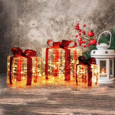 Set of 3 Lighted Christmas Gift Boxes 60 LED Indoor & Outdoor Holiday