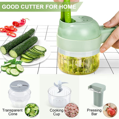 Portable Handheld 4 in 1 Electric Vegetable Slicer with multiple attachments and ergonomic design for easy vegetable preparation.
