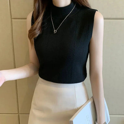 Womens Korean Theme High Collar Sleeveless Top