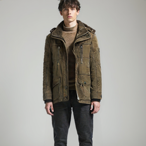 Mens Hooded Winter Parka Coat with Inner Fleece in Army Green worn by a model.