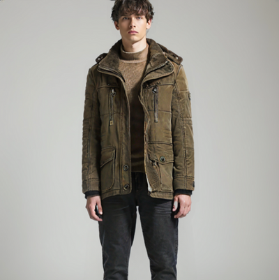 Mens Hooded Winter Parka Coat with Inner Fleece in Army Green worn by a model.