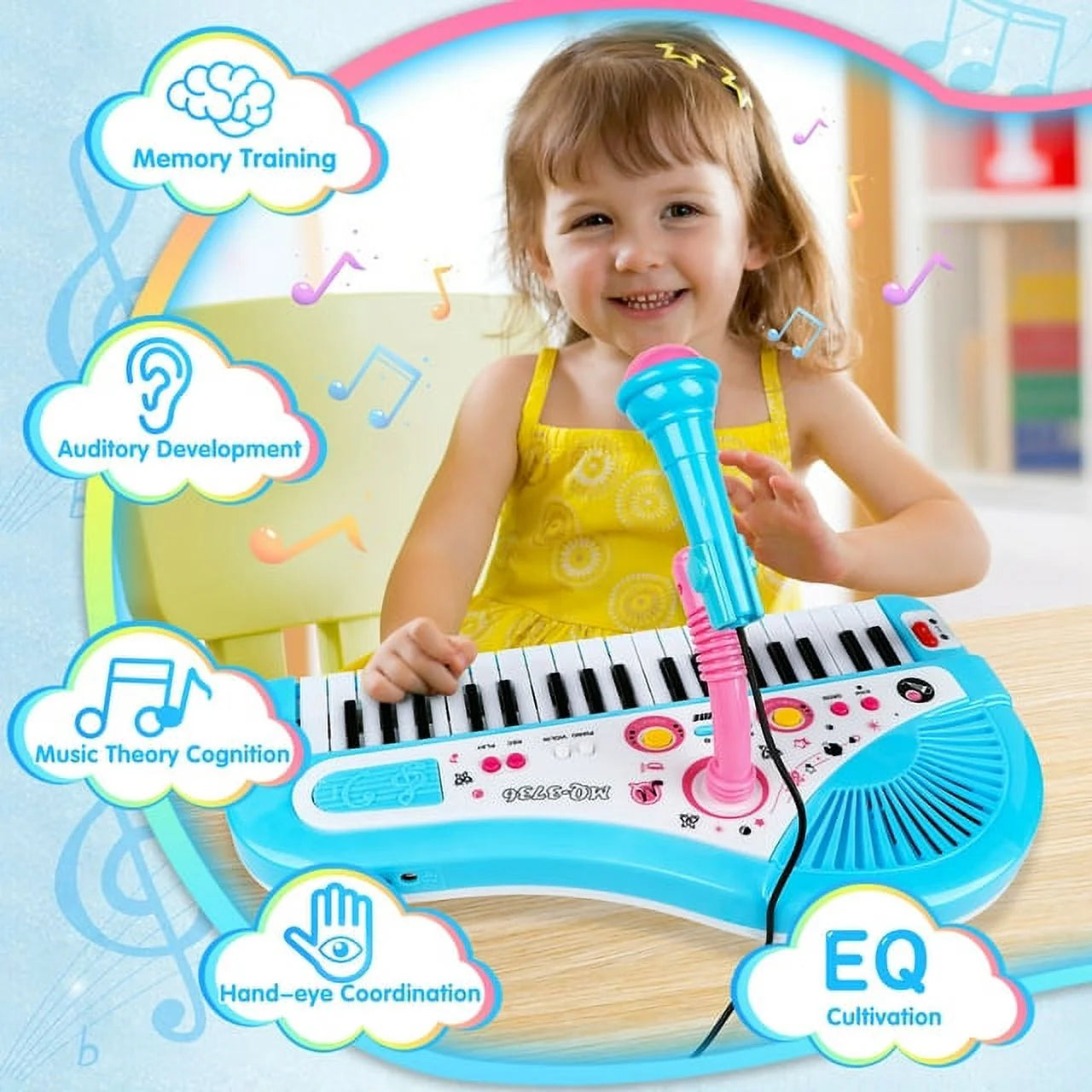 Baby Piano Toys for Kids, Blue Musical Baby Piano Keyboard Instrument with Microphone for Toddlers, Christmas Gift for Girls Boys Aged
