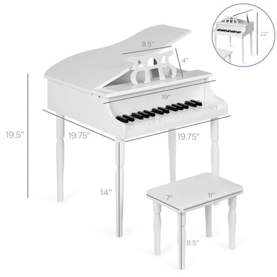 Kids Classic 30-Key Mini Piano W/ Lid, Bench, Folding Music Rack, Song Book, Stickers - White