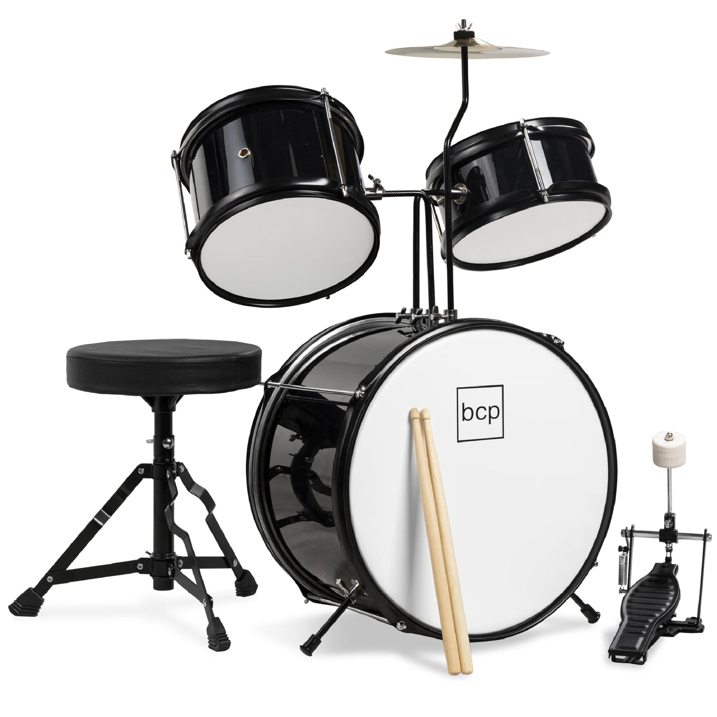 Kids Beginner 3-Piece Drum, Musical Instrument Set W/ Sticks, Cushioned Stool, Drum Pedal - Black
