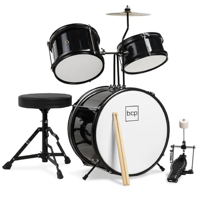 Kids Beginner 3-Piece Drum, Musical Instrument Set W/ Sticks, Cushioned Stool, Drum Pedal - Black