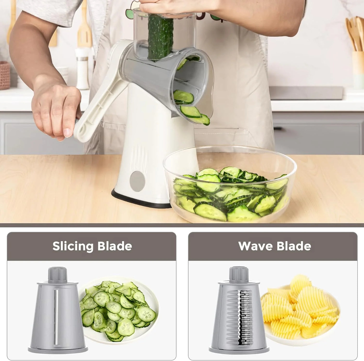 Multipurpose 5-In-1 Rotary Cheese Grater, Cheese Shredder with Rubber Suction Base, Versatile Drum Blades for Vegetables, Nuts, and More, White