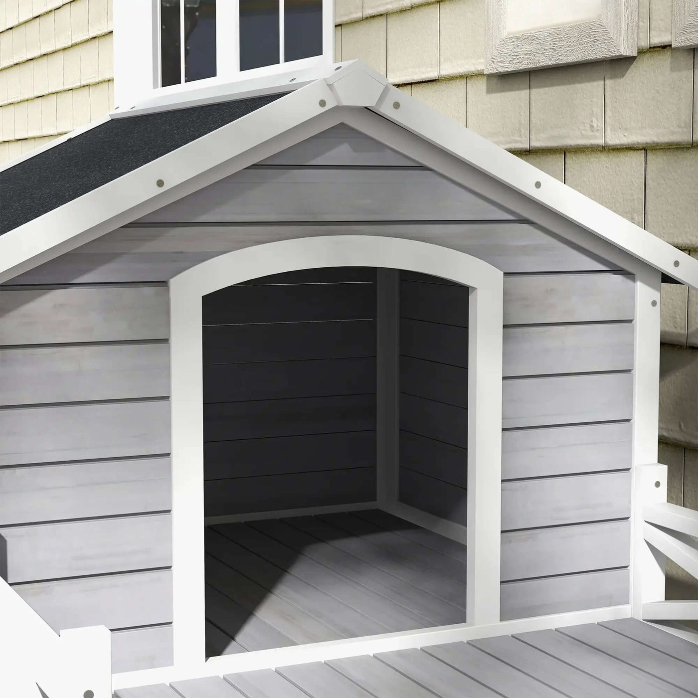 66" Outdoor Dog House, Large Wooden Dog Kennel with Porch, Cabin House Style Pet Houses for Cats, Gray