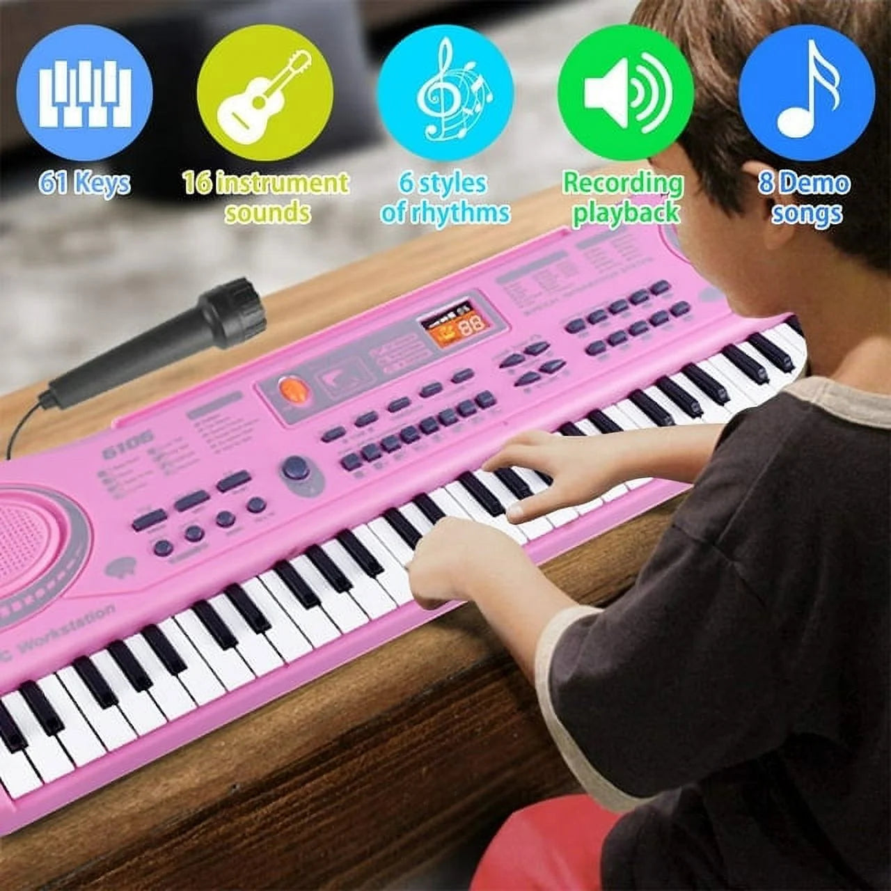 Kids Keyboard Piano,Portable 61 Keys Keyboard Electronic Digital Piano,Early Learning Educational Musical Piano Toy Keyboard for Beginners with Microphone (Pink)