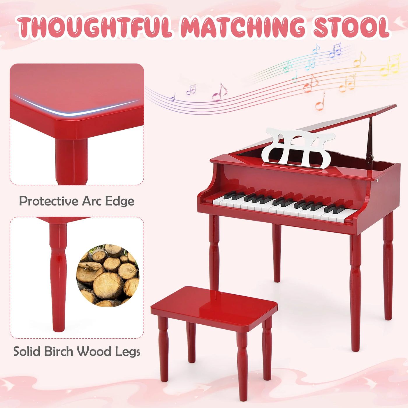 30-Key Classic Baby Grand Piano Toddler Toy Wood W/ Bench & Music Rack Red