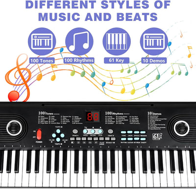 Kids Keyboard Piano, Portable 61 Keys Piano Keyboard for Beginners, Electronic Music Keyboard Kid Piano with Built-In Dual Speaker, Microphone and Adapter, Gift for Boys Girls Ages 3-12