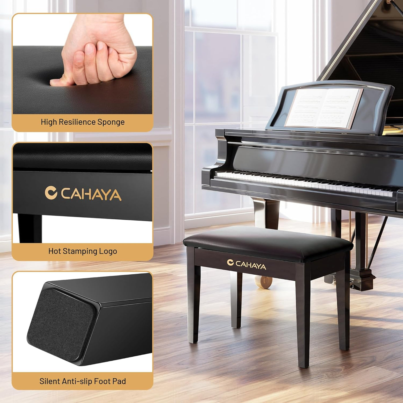 Piano Bench with Storage Compartment - Piano Stool Chair Seat with 1.2In Thick P