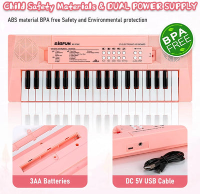 Kids Piano Keyboard, 37 Keys Piano for Kids Music Piano with Microphone Portable Multi-Function Electronic Educational Musical Gift Toys for 3 4 5 6 Year Old Girls Boys Beginners (Pink)