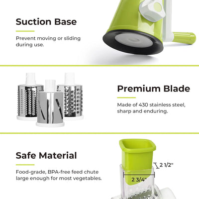 Rotary Cheese Grater, Manual Cheese Grater with Handle, Vegetables Slicer Cheese Shredder with Rubber Suction Base, 3 Stainless Drum Blades Included，Green