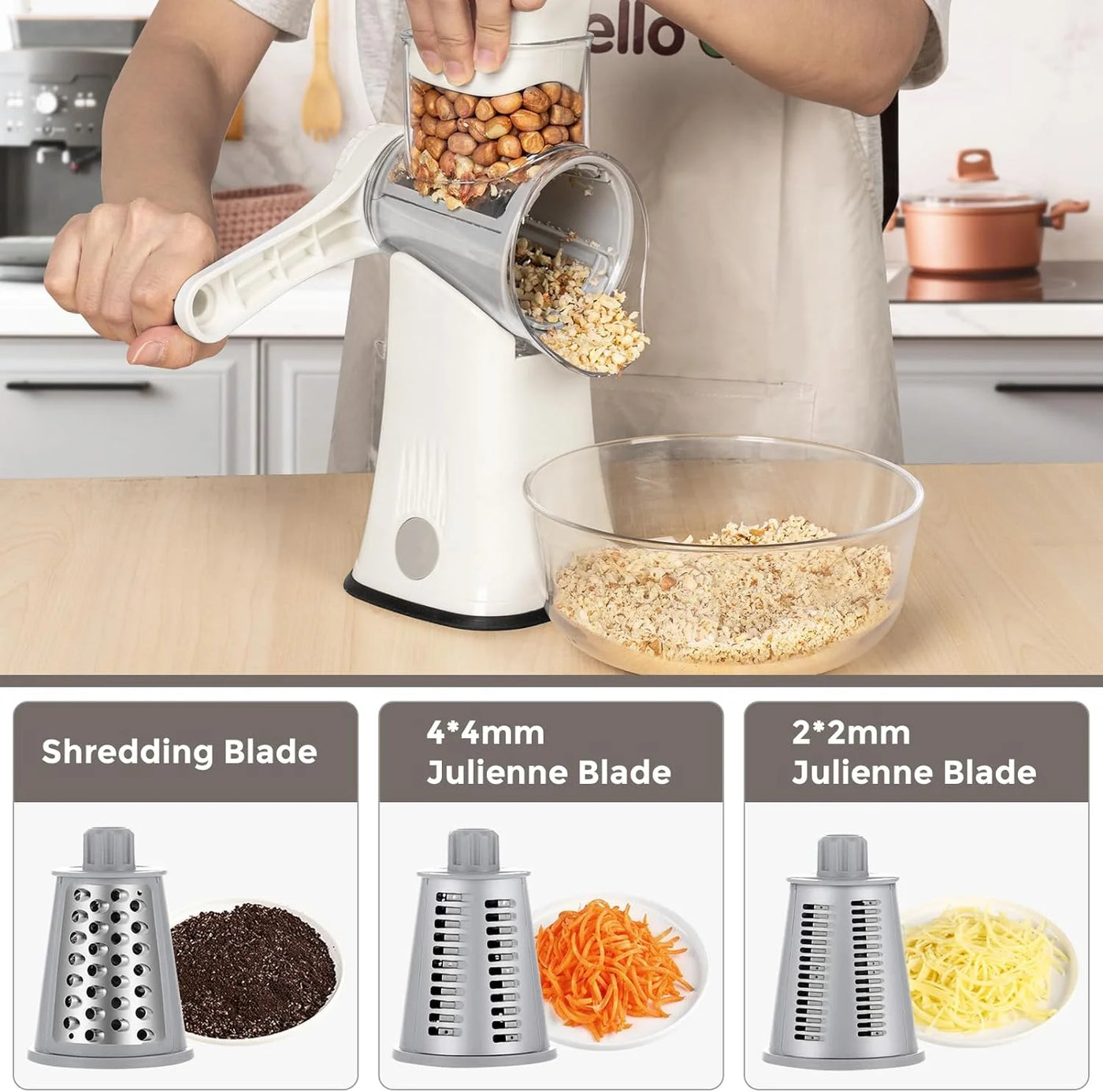 Multipurpose 5-In-1 Rotary Cheese Grater, Cheese Shredder with Rubber Suction Base, Versatile Drum Blades for Vegetables, Nuts, and More, White