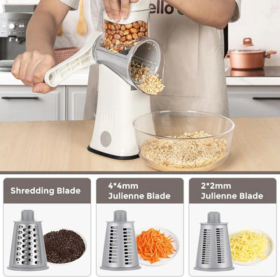 Multipurpose 5-In-1 Rotary Cheese Grater, Cheese Shredder with Rubber Suction Base, Versatile Drum Blades for Vegetables, Nuts, and More, White