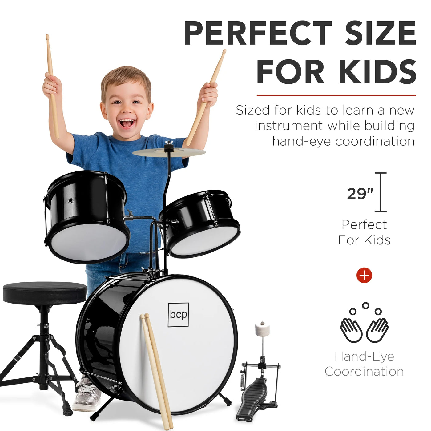 Kids Beginner 3-Piece Drum, Musical Instrument Set W/ Sticks, Cushioned Stool, Drum Pedal - Black
