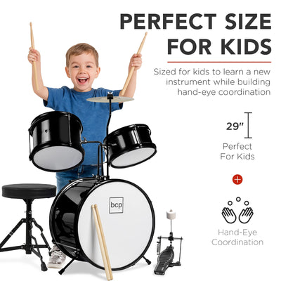 Kids Beginner 3-Piece Drum, Musical Instrument Set W/ Sticks, Cushioned Stool, Drum Pedal - Black