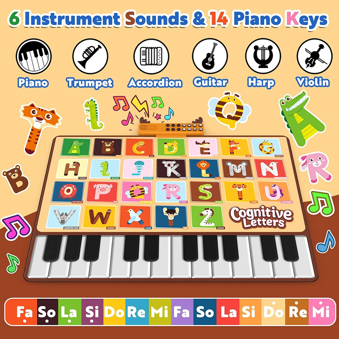 Baby Musical Mat with 26 Letters Kids Piano Keyboard Playmat Children Crawling Blanket Toy 27.56" X 39.37" for 1-4 Years Old Kids