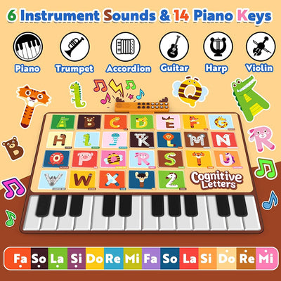 Baby Musical Mat with 26 Letters Kids Piano Keyboard Playmat Children Crawling Blanket Toy 27.56" X 39.37" for 1-4 Years Old Kids