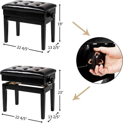 Adjustable Black Piano Bench with Storage Faux Leather Wooden Piano Stool with P