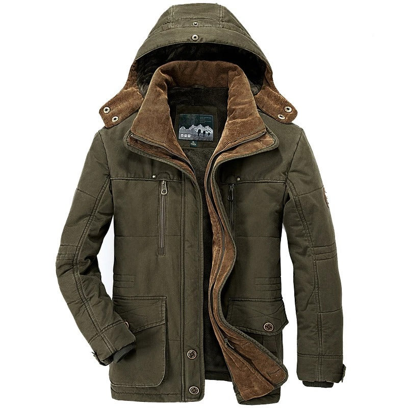 Mens Hooded Winter Parka Coat with Inner Fleece in Army Green color, featuring a warm fleece lining and adjustable hood.