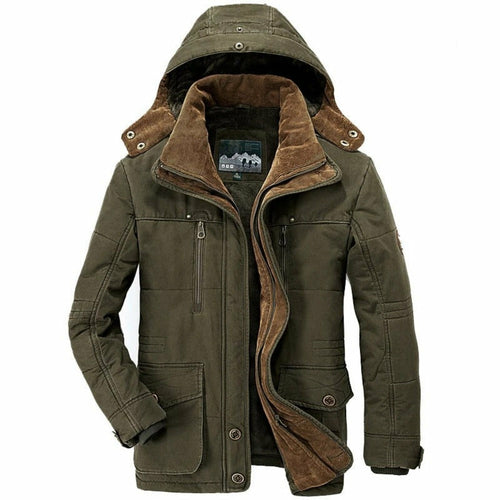 Mens Hooded Winter Parka Coat with Inner Fleece in Army Green color, featuring a stylish hood and warm fleece lining.