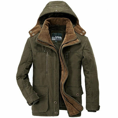 Mens Hooded Winter Parka Coat with Inner Fleece in Army Green color, featuring a stylish hood and warm fleece lining.
