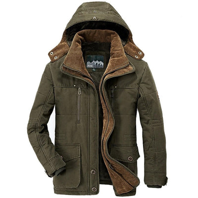Mens Hooded Winter Parka Coat with Inner Fleece in Army Green color, featuring a warm fleece lining and adjustable hood.