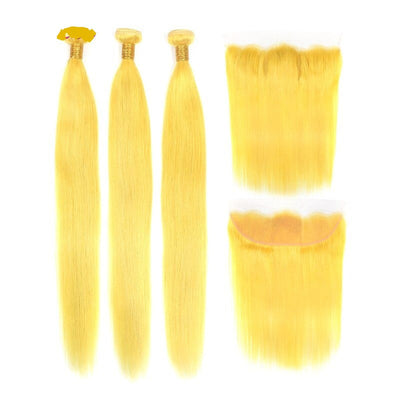 #Yellow 10A Grade #1B/Yellow Straight 3/4 BUNDLES with CLOSURES & FRON
