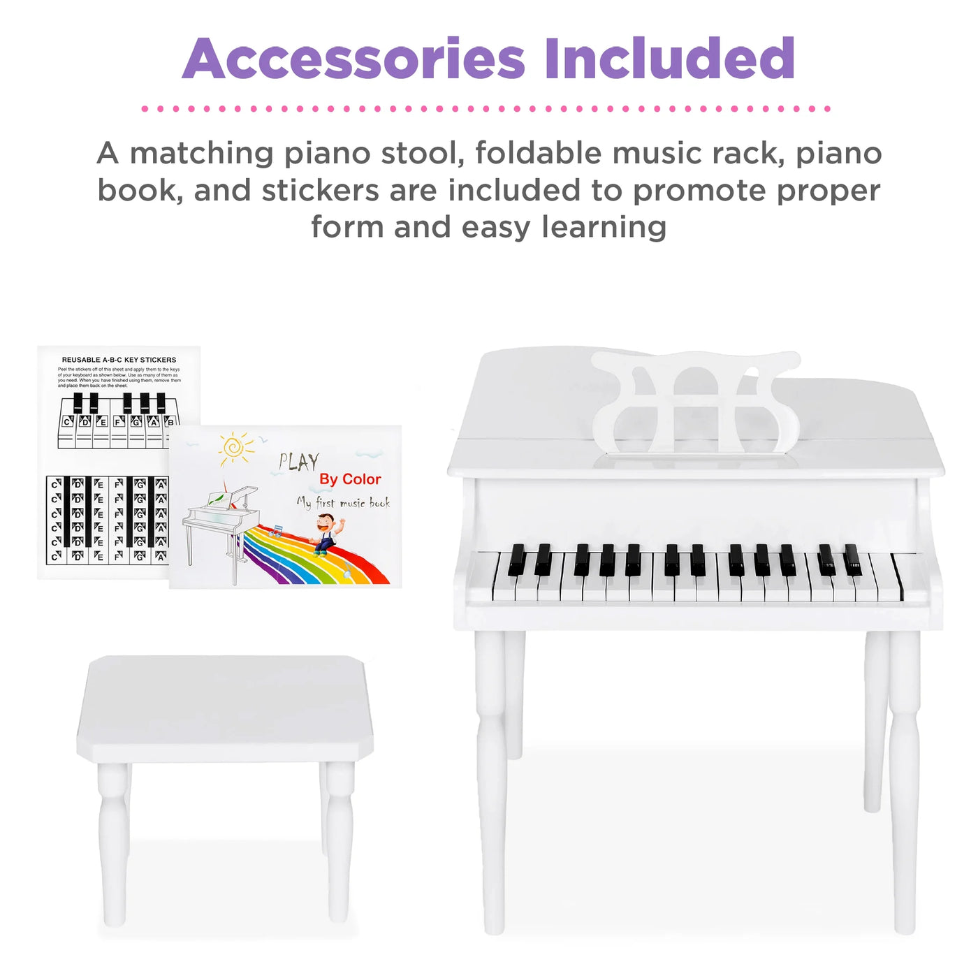 Kids Classic 30-Key Mini Piano W/ Lid, Bench, Folding Music Rack, Song Book, Stickers - White