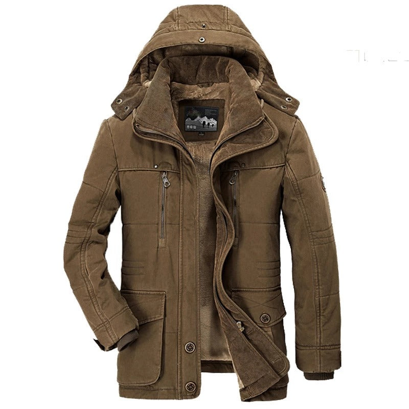 Mens Hooded Winter Parka Coat with Inner Fleece in brown color, featuring warm fleece lining and versatile design.