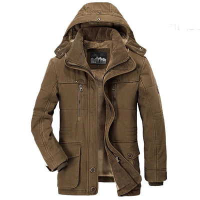 Mens Hooded Winter Parka Coat with Inner Fleece in brown color, featuring warm fleece lining and versatile design.