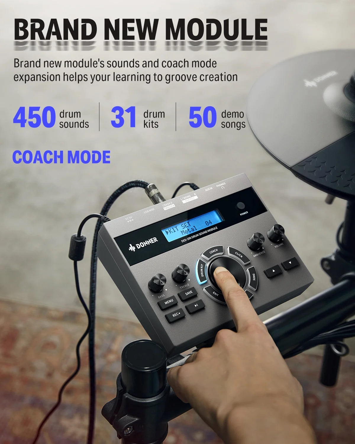 Electronic Drum Set for Adults Beginners with 31 Kits and 450+ Sounds, 50 Demo Songs,Ded-200