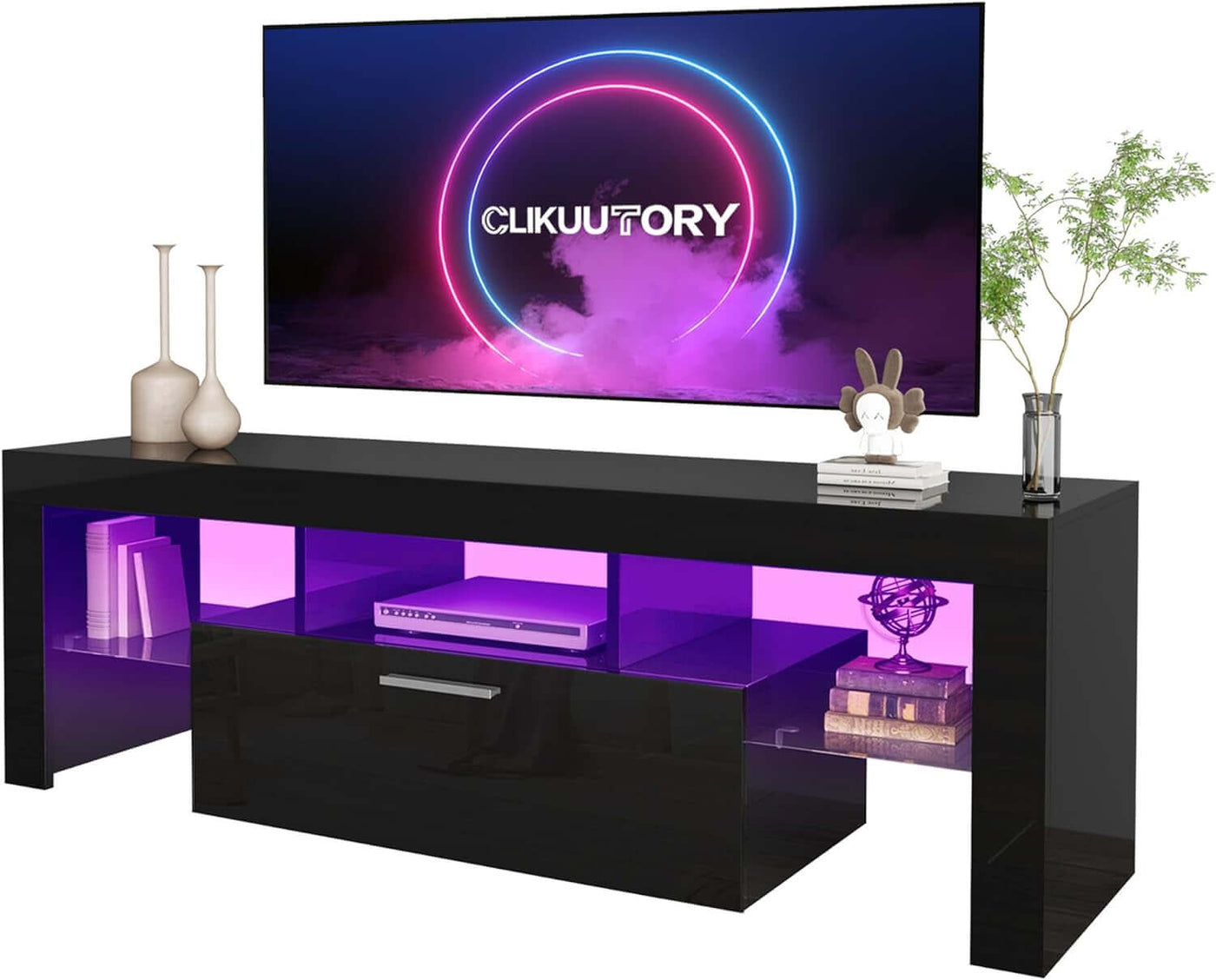 Black LED TV Stand With Large Storage Drawer For TVs Up To 55 Inches