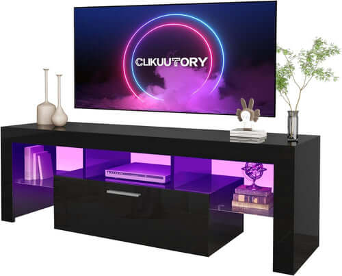 Black LED TV Stand With Large Storage Drawer For TVs Up To 55 Inches