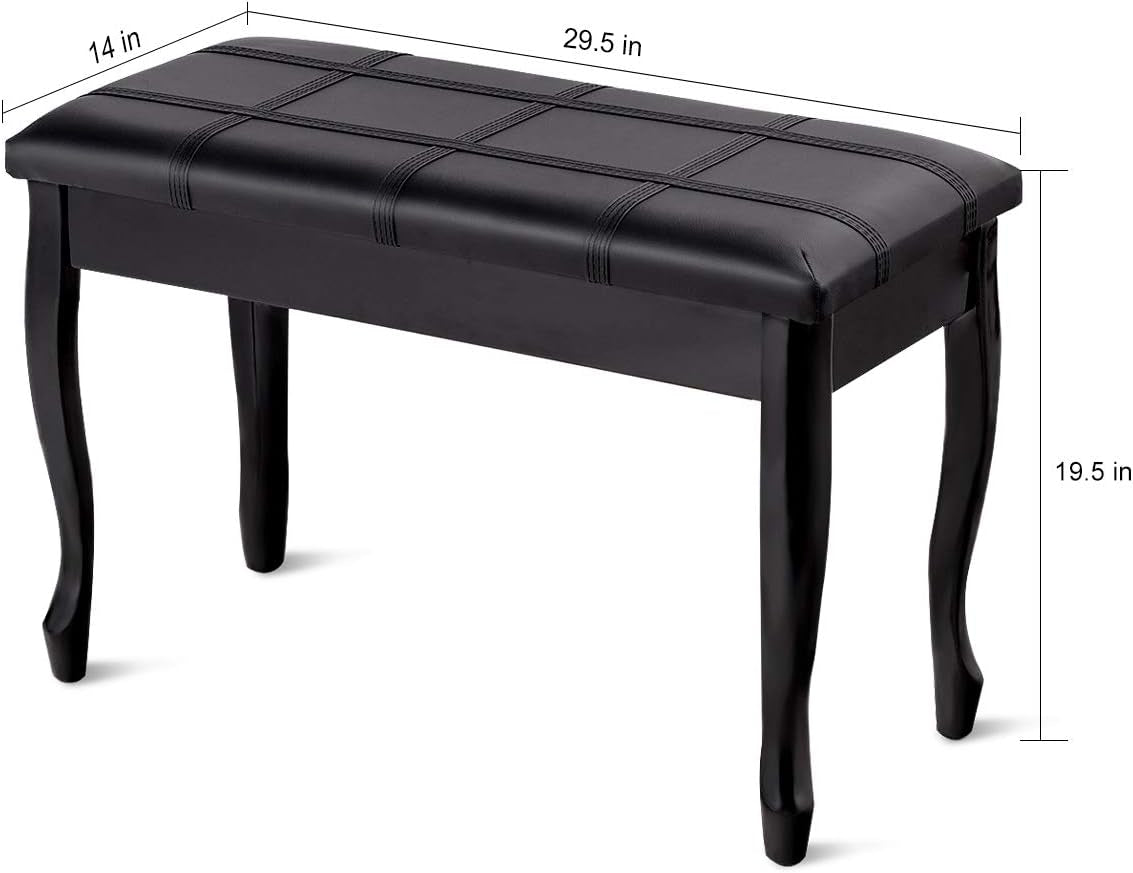 Piano Bench Stool with Padded Cushion and Music Storage, Heavy Duty Piano Duet Seat with PU Leather Padded Seat and Solid Wooden Legs, Perfect for Home Use (Black)