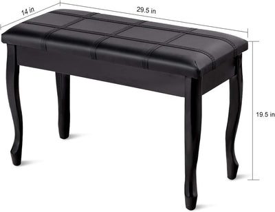 Piano Bench Stool with Padded Cushion and Music Storage, Heavy Duty Piano Duet Seat with PU Leather Padded Seat and Solid Wooden Legs, Perfect for Home Use (Black)