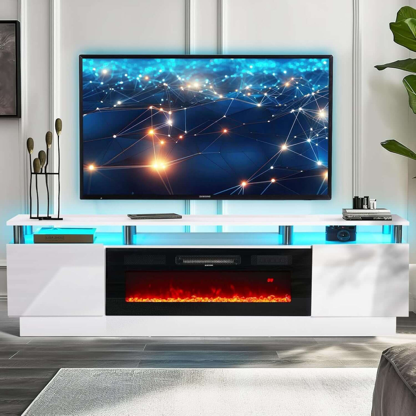 80 Inch White Electric Fireplace TV Stand With LED Lights