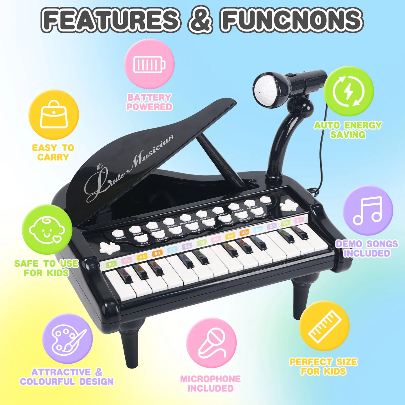24 Keys Toy Piano for Girls, Cute Piano for Kids with Built-In Microphone & Music Modes, Preschooler Music Learning Popular Piano Toys, Birthday Christmas Gift for Kids Aged 3-6+, Black