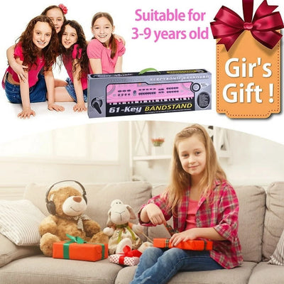 Kids Keyboard Piano,Portable 61 Keys Keyboard Electronic Digital Piano,Early Learning Educational Musical Piano Toy Keyboard for Beginners with Microphone (Pink)